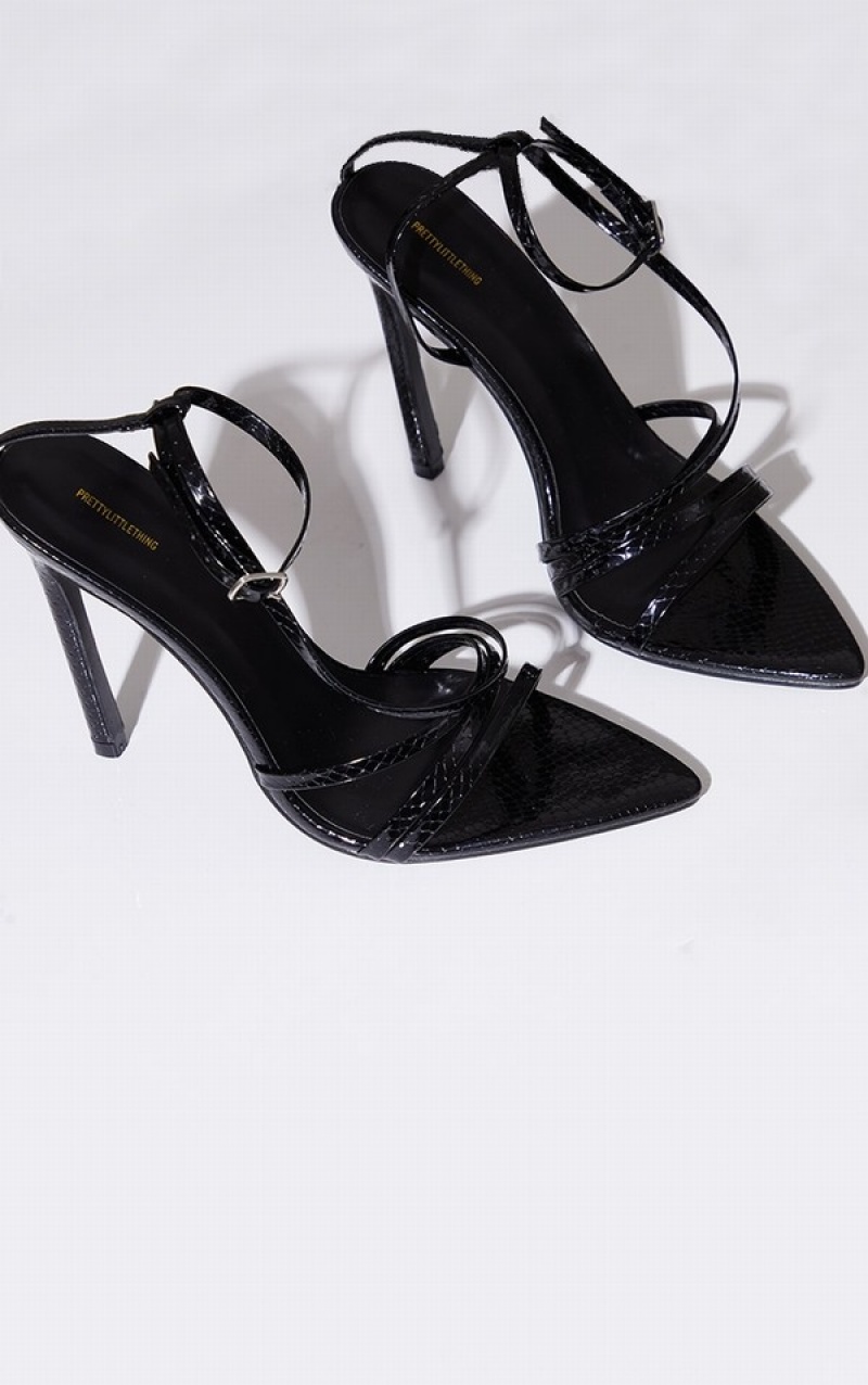 Pantofi Cu Toc Pretty Little Thing Lacuita Snake Pu Point Bombeu Cu Bretele Stiletto Negrii | NCZV04527