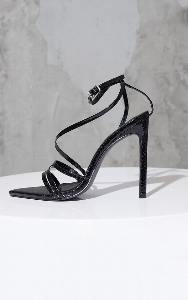 Pantofi Cu Toc Pretty Little Thing Lacuita Snake Pu Point Bombeu Cu Bretele Stiletto Negrii | NCZV04527