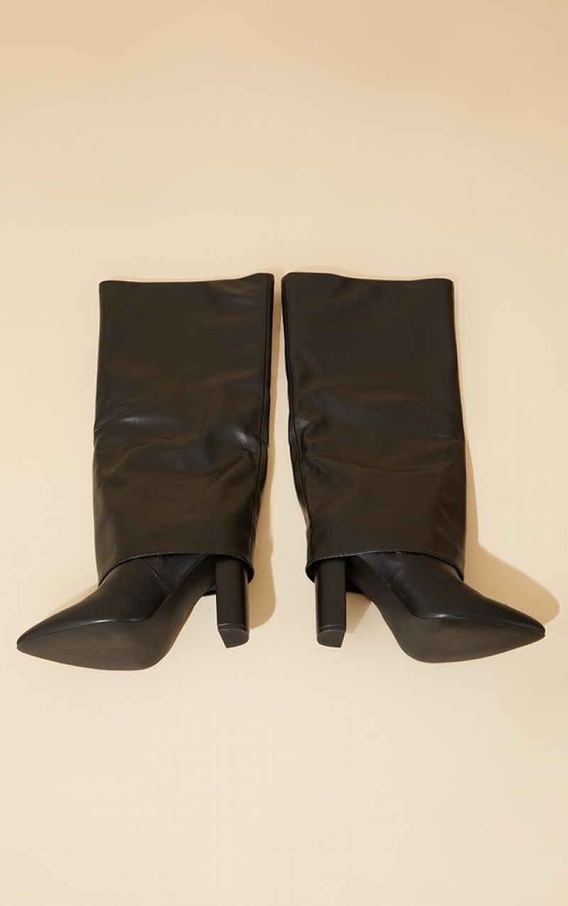 Pantofi Cu Toc Pretty Little Thing Largi Fit Pu Pointed Fold Over Block Knee Negrii | WJOB97650