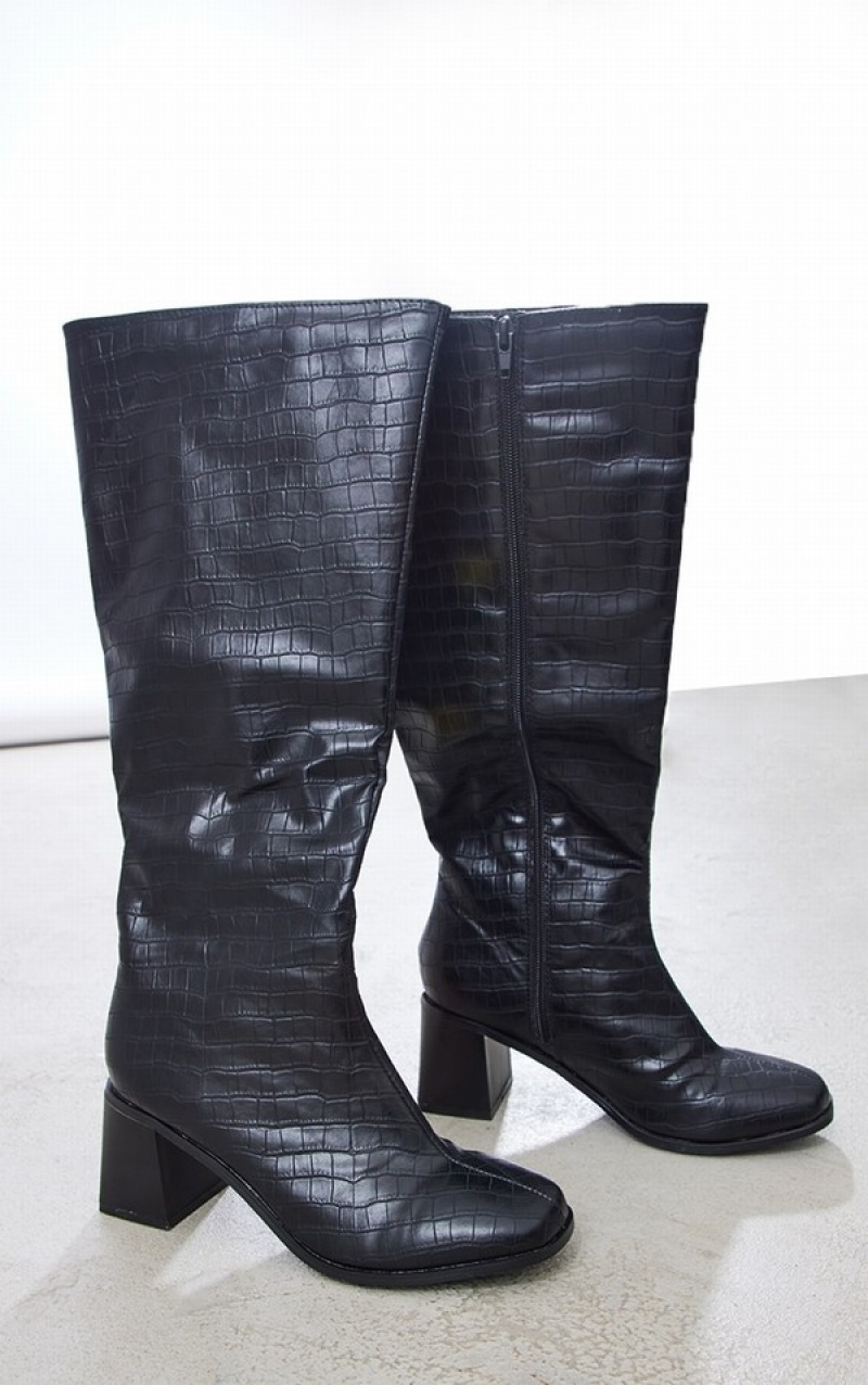 Pantofi Cu Toc Pretty Little Thing Largi Fit Pu Croc Square Bombeu Mid-High Blocked Knee Negrii | LRDG51703