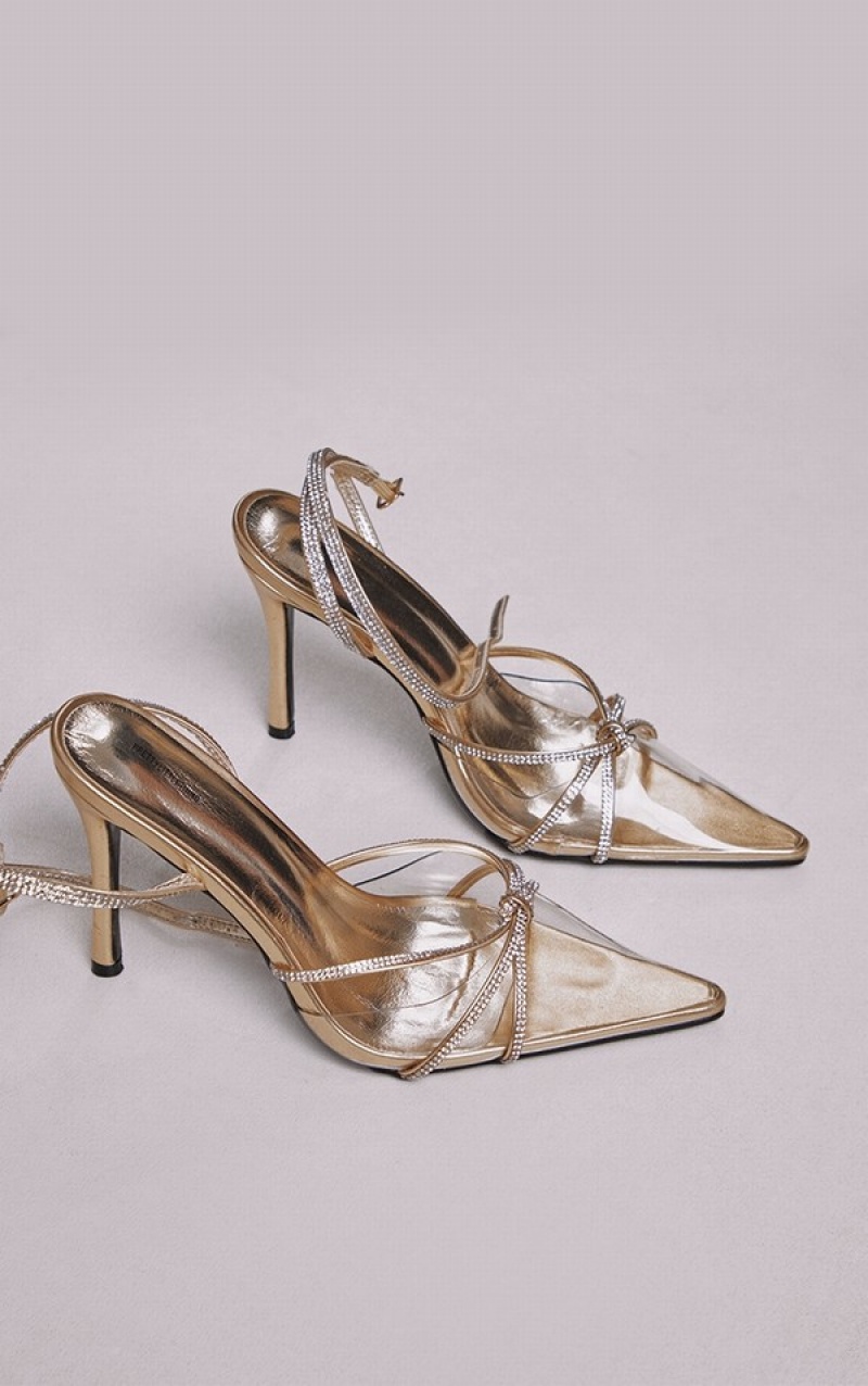 Pantofi Cu Toc Pretty Little Thing Largi Fit Diamante Knot Detail Point Bombeu Mided Courts Aurii | UZCA25037