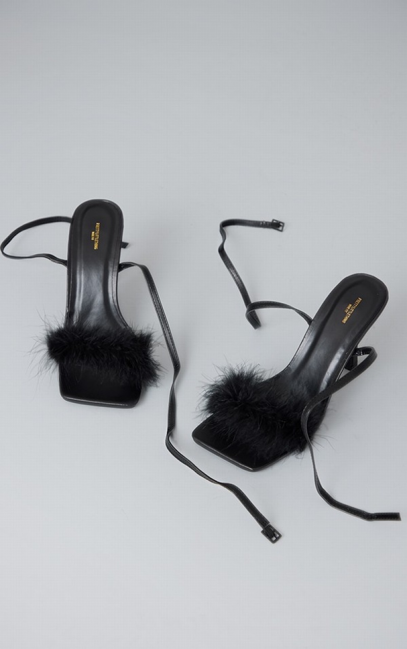 Pantofi Cu Toc Pretty Little Thing Largi Fit PU Square Bombeu Feather Curea High Negrii | QGSN17489