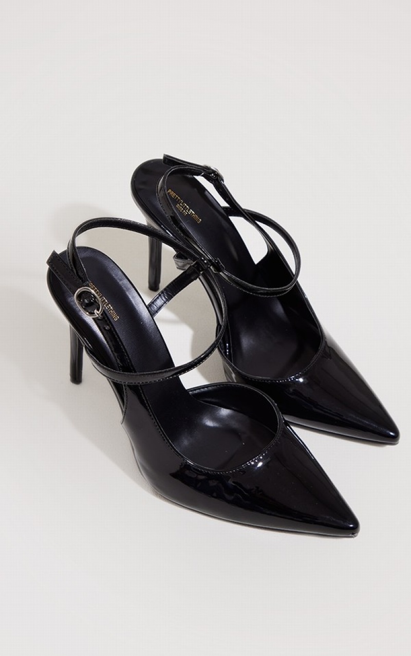 Pantofi Cu Toc Pretty Little Thing Largi Fit Lacuita Pu Point Bombeu Cross Curea Highed Courts Negrii | QFAS67213