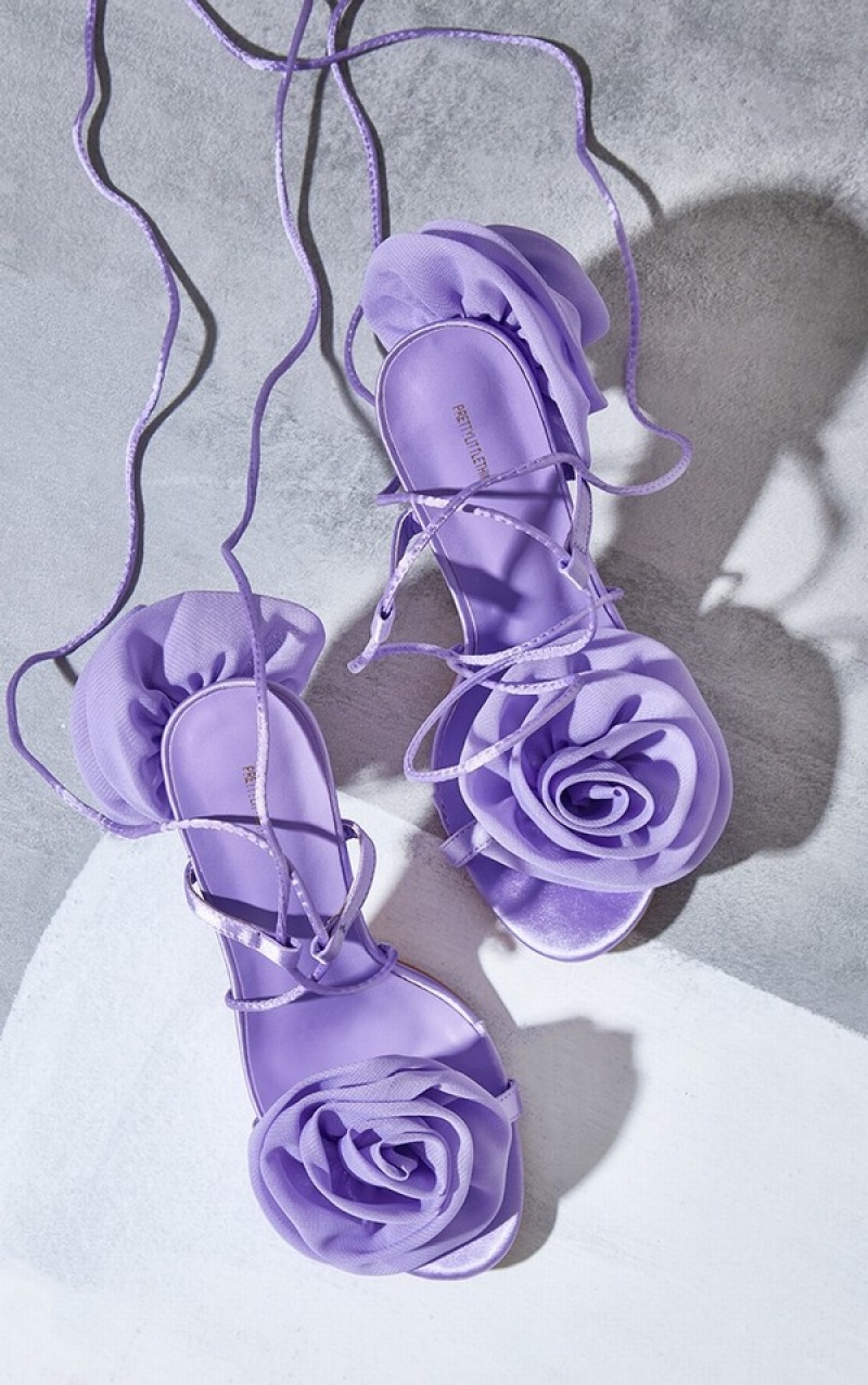 Pantofi Cu Toc Pretty Little Thing Lilac Satin Round Bombeu Corsage Dantela Up High Violet | WZJO26137