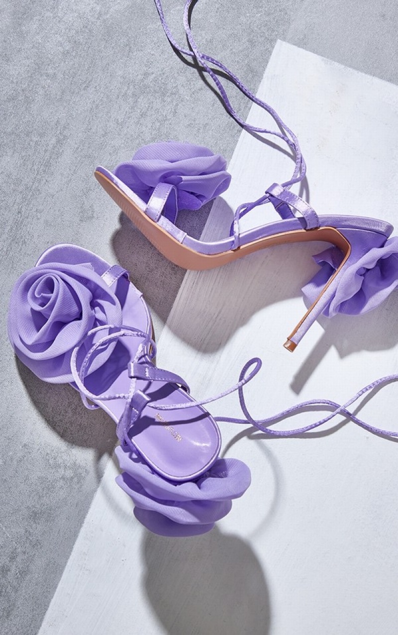 Pantofi Cu Toc Pretty Little Thing Lilac Satin Round Bombeu Corsage Dantela Up High Violet | WZJO26137