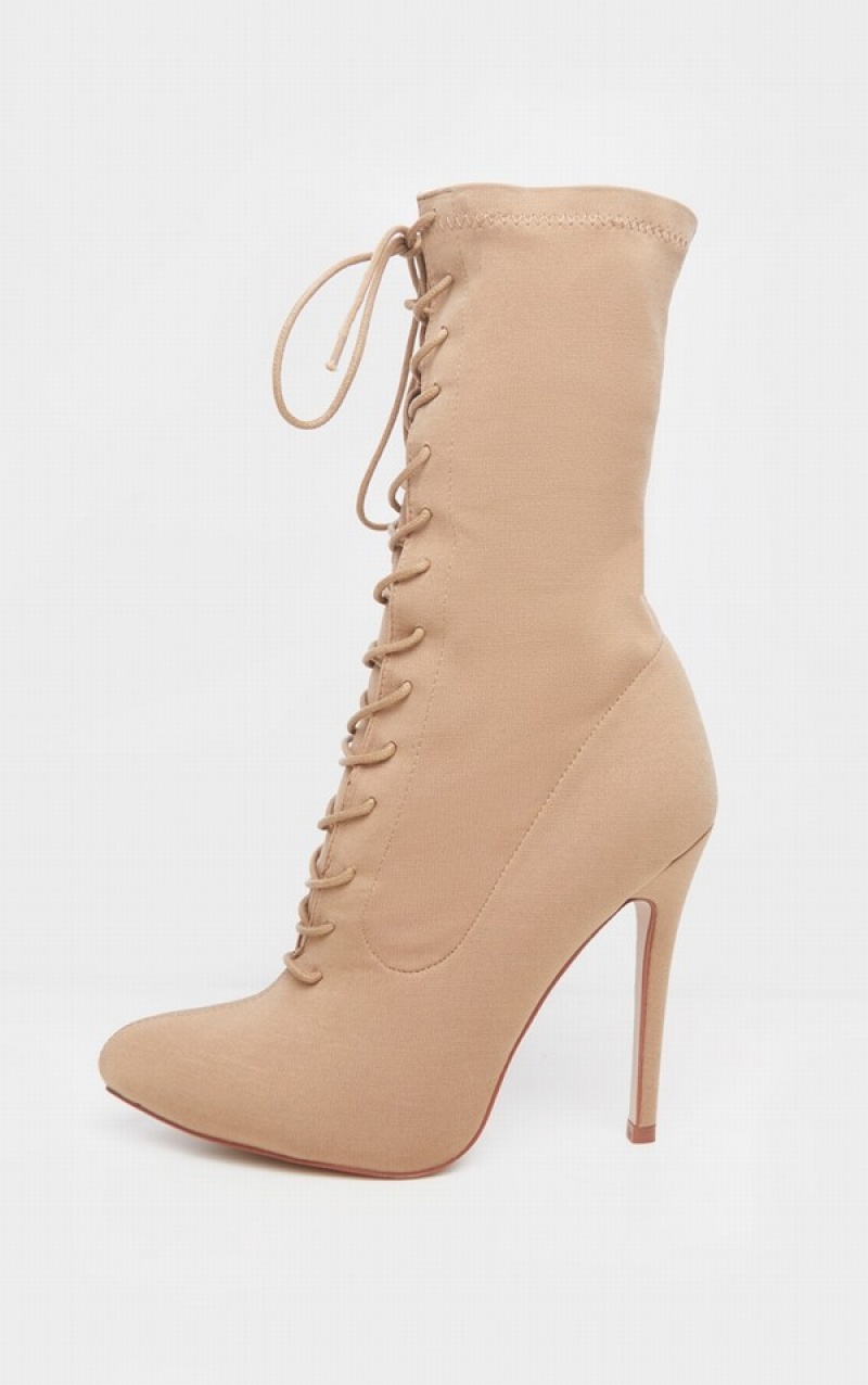 Pantofi Cu Toc Pretty Little Thing Mazy Nude Dantela Up Sock Bej | VZMY46510