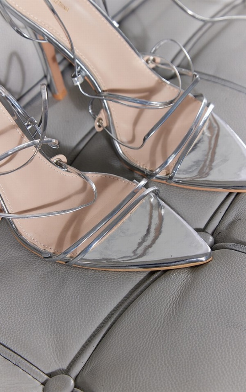 Pantofi Cu Toc Pretty Little Thing Metallic Cu Bretele Gladiator Point Toes Argintii | RKFL65209