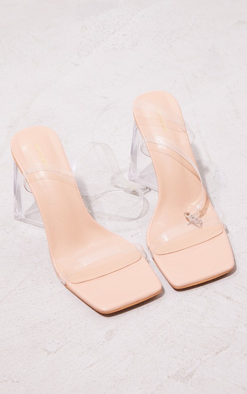 Pantofi Cu Toc Pretty Little Thing Nude Largi Fit Pu Lacuita Clear Triangle Block Bej | MFBO84972