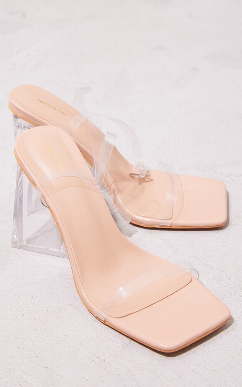 Pantofi Cu Toc Pretty Little Thing Nude Largi Fit Pu Lacuita Clear Triangle Block Bej | MFBO84972