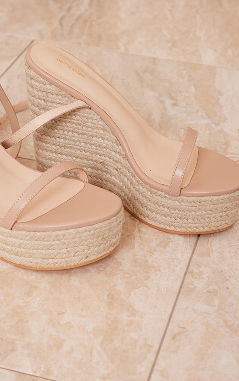 Pantofi Cu Toc Pretty Little Thing Nude Largi Fit PU Metallic Curea Espadrile Highed Wedges Bej | DCIK92740
