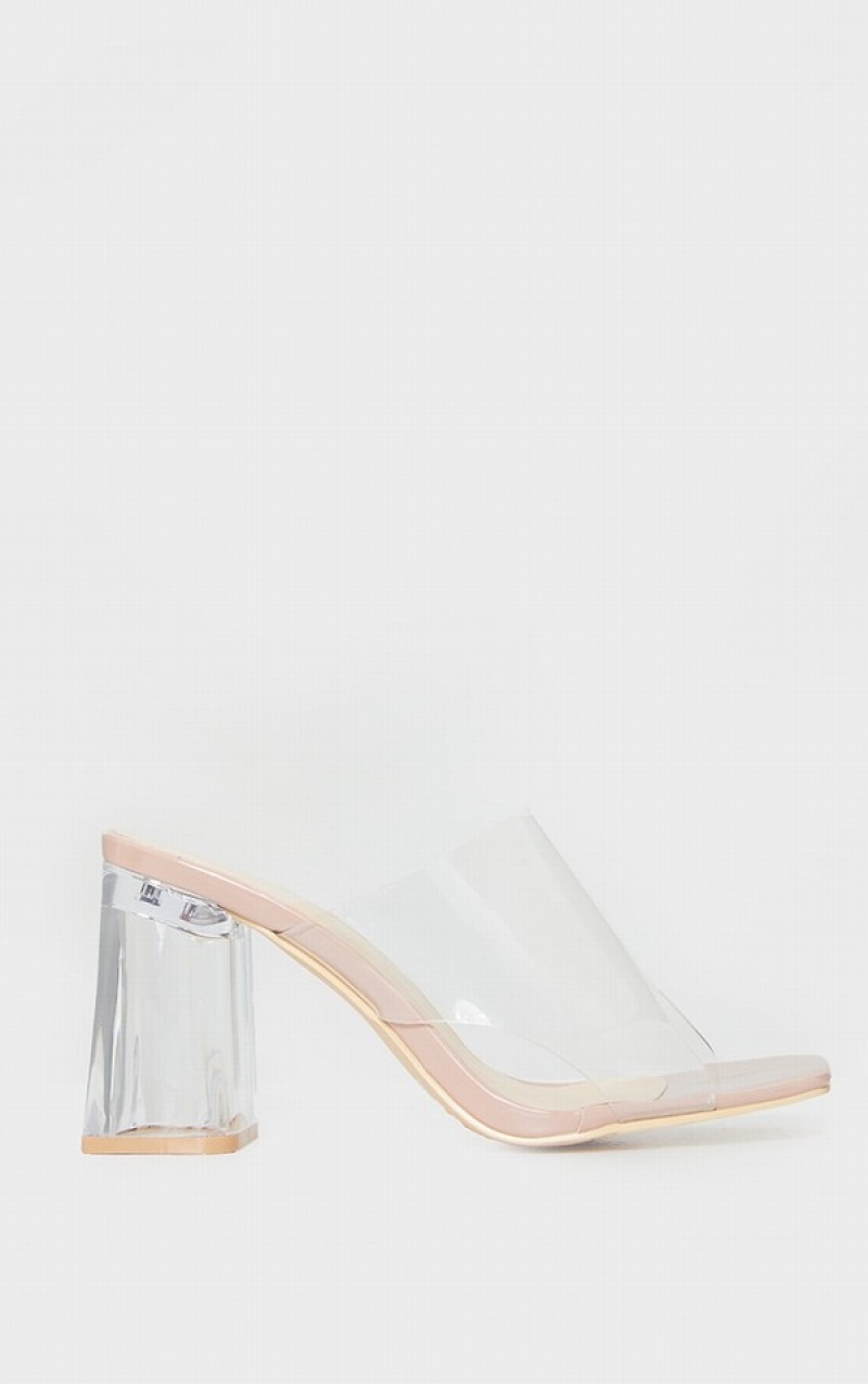Pantofi Cu Toc Pretty Little Thing Nude Largi Fit Clear FlaBlocks Bej | GAOH61709