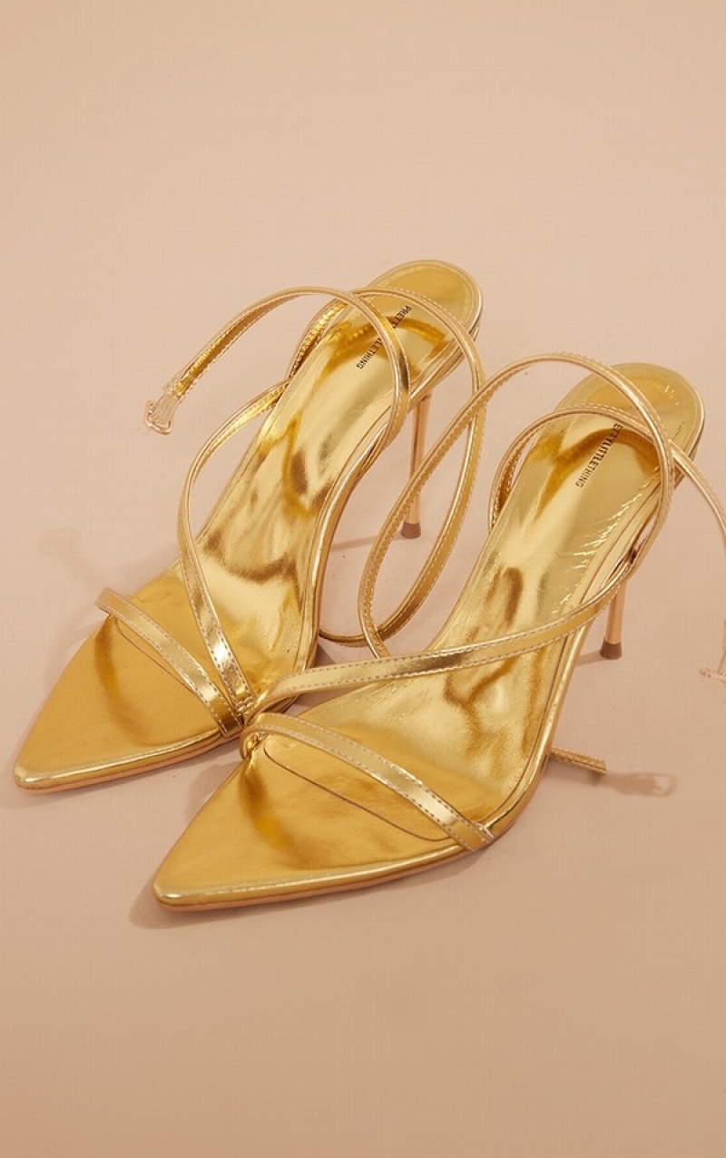 Pantofi Cu Toc Pretty Little Thing PU Asymmetric Curea High Metal Aurii | EXTL04627