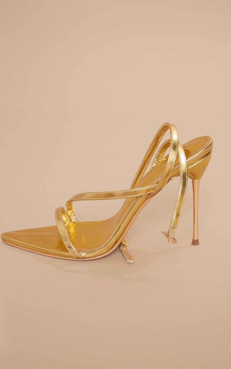 Pantofi Cu Toc Pretty Little Thing PU Asymmetric Curea High Metal Aurii | EXTL04627
