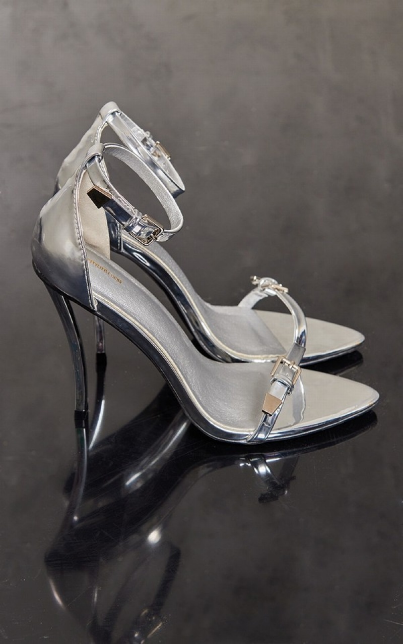 Pantofi Cu Toc Pretty Little Thing PU Barely Double Curea Stiletto Detail Argintii | YGEB94657