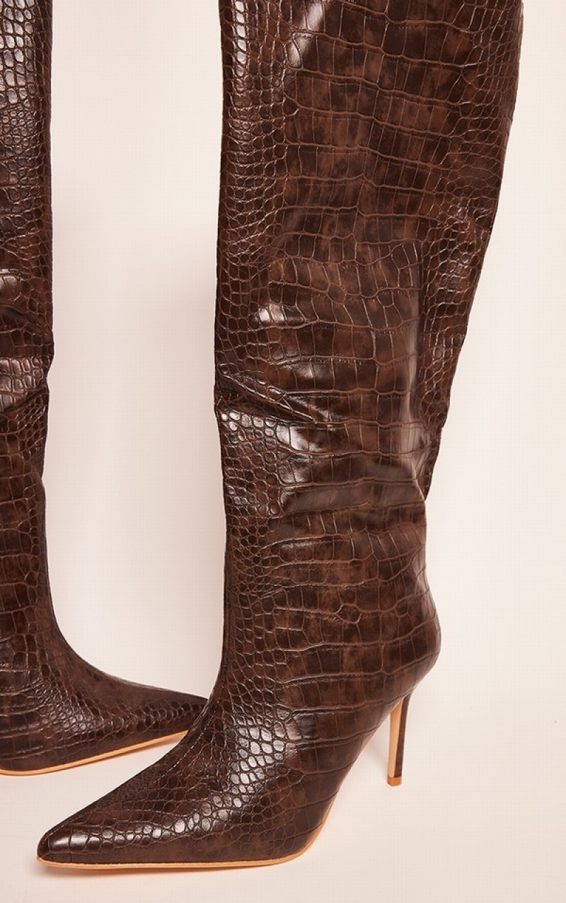 Pantofi Cu Toc Pretty Little Thing PU Croc Detail Point Bombeu Stilettoed Knee Ciocolata | MEWO86013