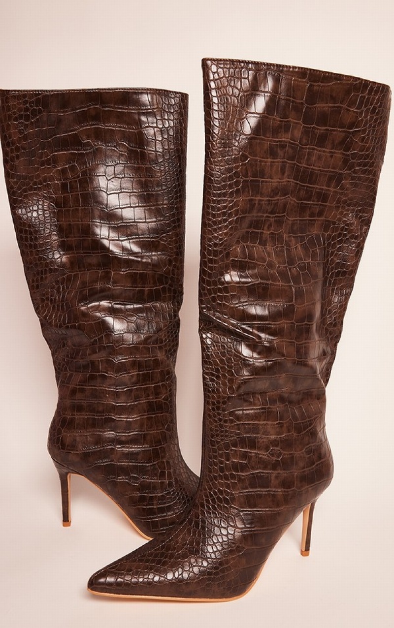 Pantofi Cu Toc Pretty Little Thing PU Croc Detail Point Bombeu Stilettoed Knee Ciocolata | MEWO86013
