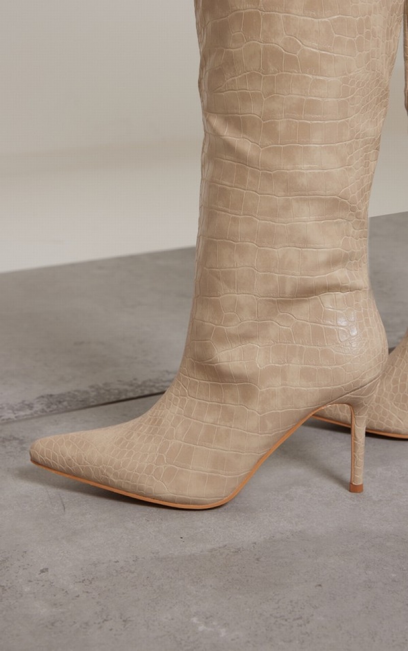 Pantofi Cu Toc Pretty Little Thing PU Croc Detail Point Bombeu Stilettoed Knee Albi | HUXD45723