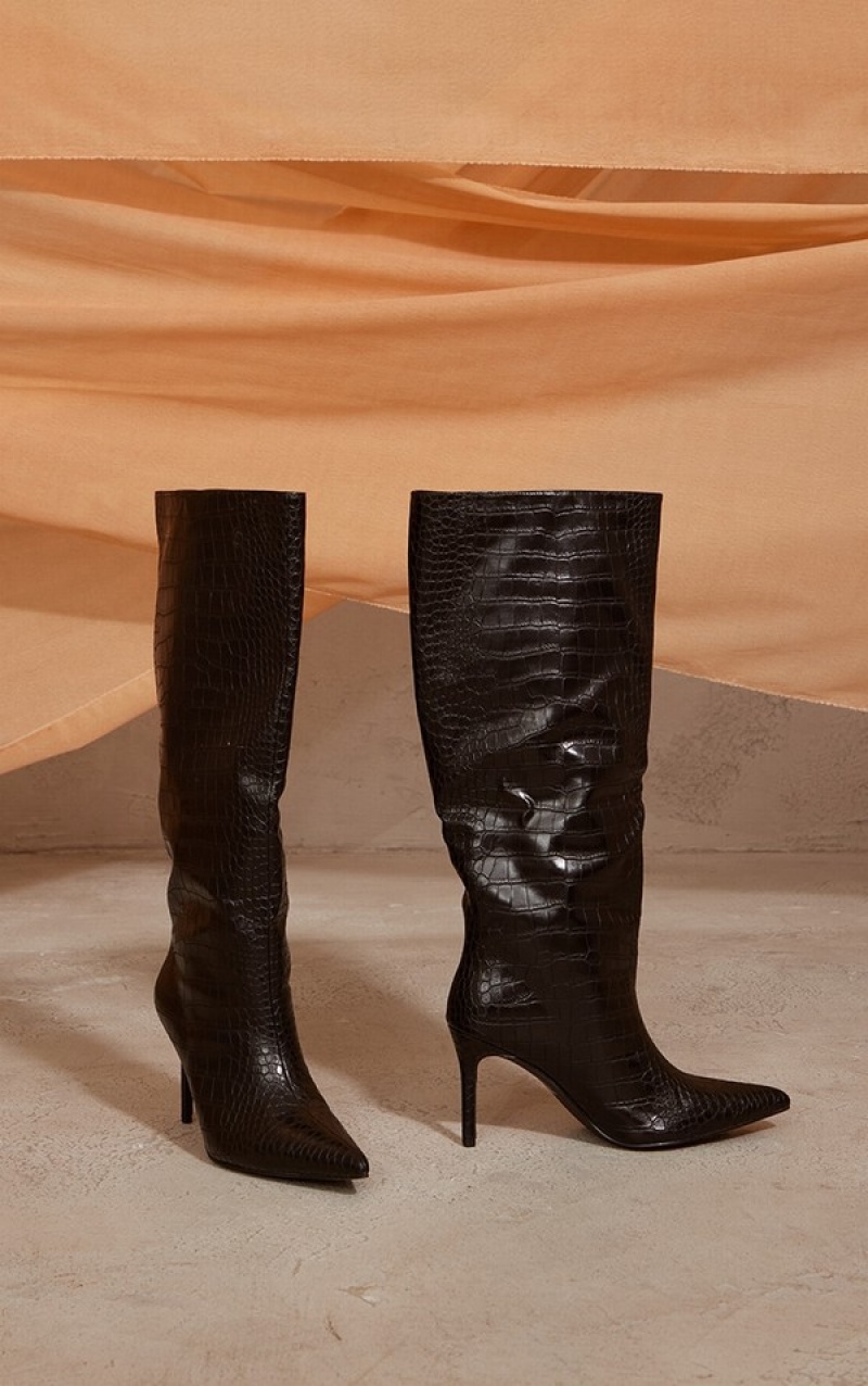 Pantofi Cu Toc Pretty Little Thing PU Croc Detail Point Bombeu Stilettoed Knee Negrii | GDRY54710