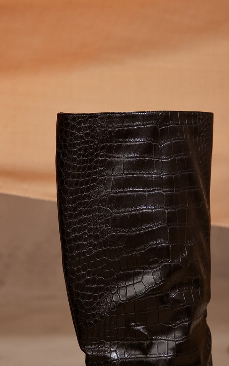 Pantofi Cu Toc Pretty Little Thing PU Croc Detail Point Bombeu Stilettoed Knee Negrii | GDRY54710