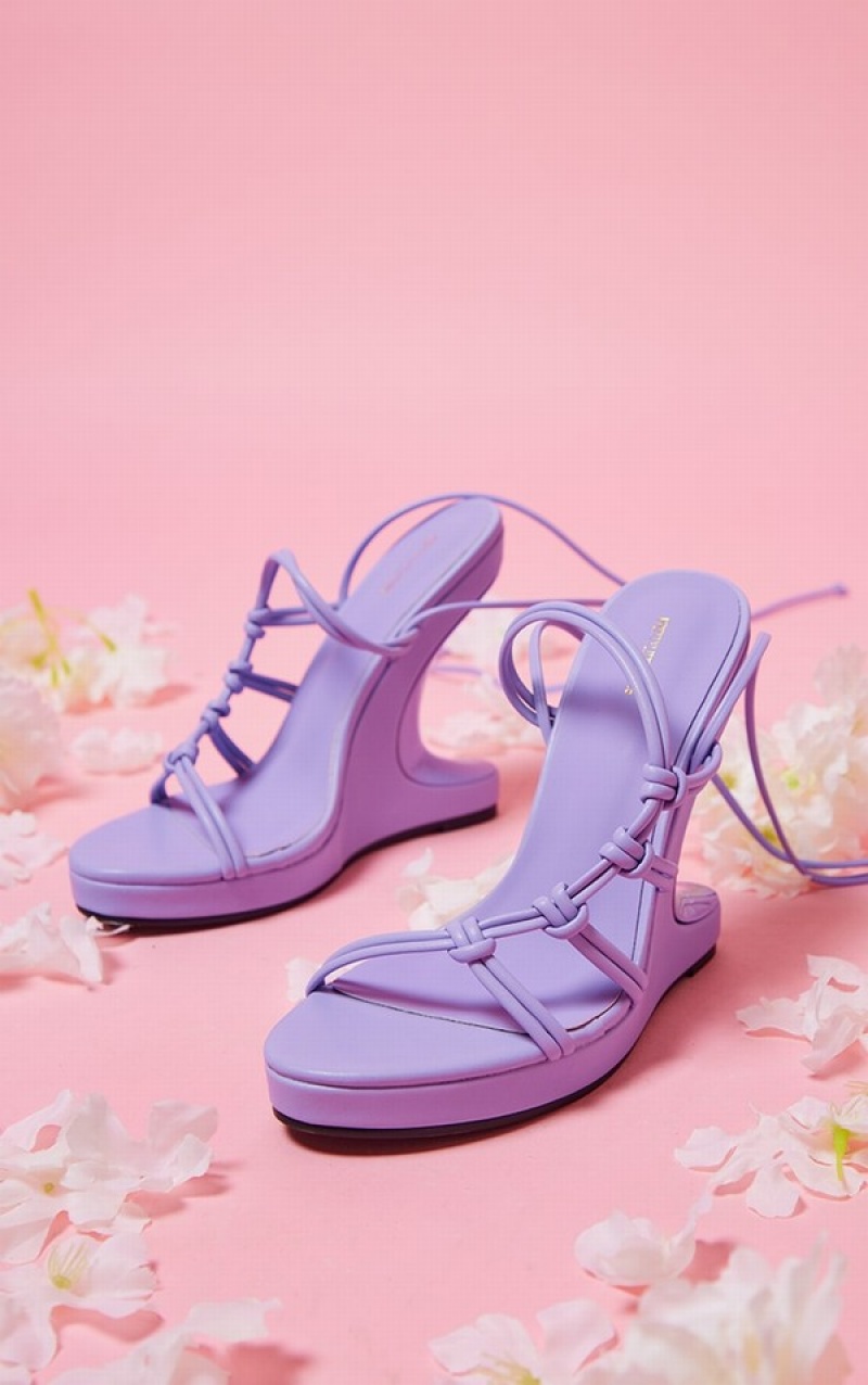 Pantofi Cu Toc Pretty Little Thing PU Curved Knot Dantela Up Reverse Wedge Violet | OEDC69513