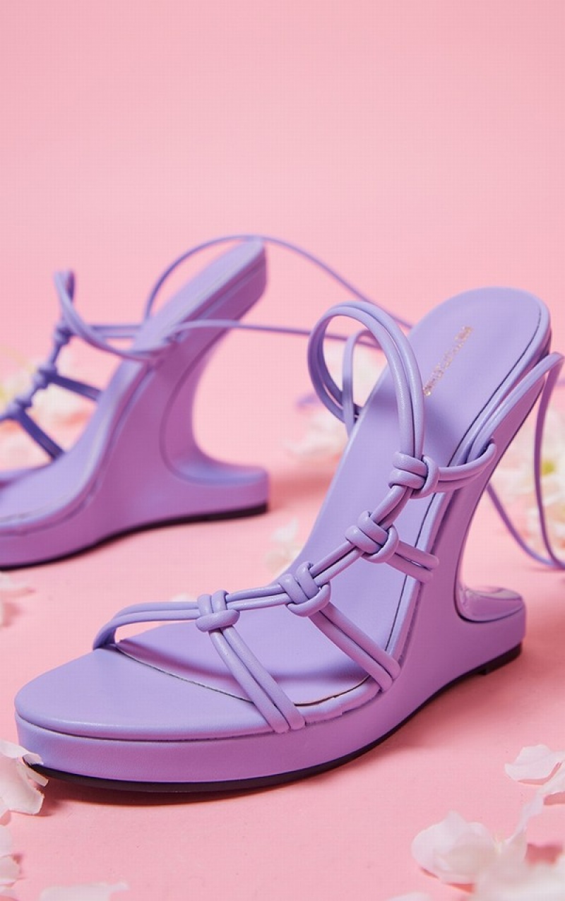 Pantofi Cu Toc Pretty Little Thing PU Curved Knot Dantela Up Reverse Wedge Violet | OEDC69513