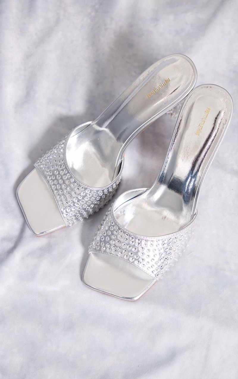 Pantofi Cu Toc Pretty Little Thing PU Diamante Star Mid-High Highed Argintii | VNCD54679