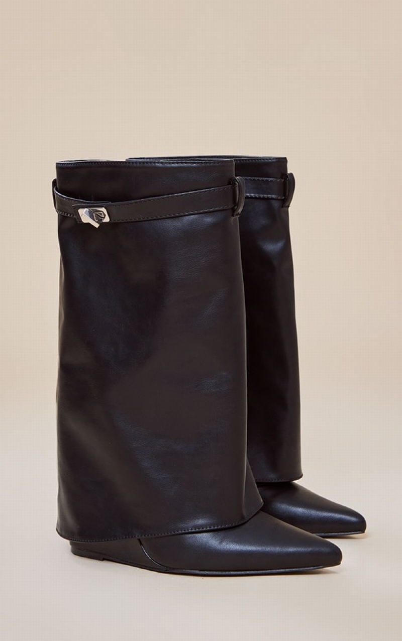 Pantofi Cu Toc Pretty Little Thing PU Fold Over Cu Catarama Detail High Negrii | PXAU94326