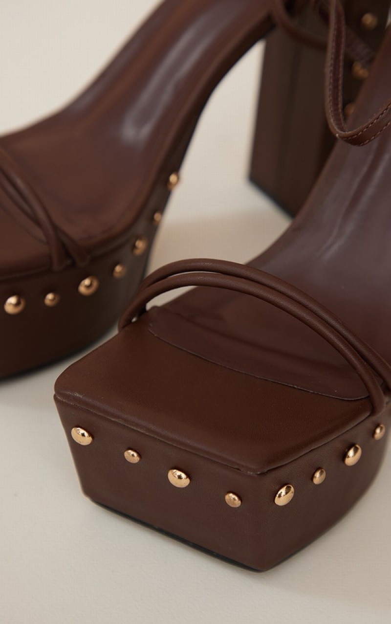 Pantofi Cu Toc Pretty Little Thing PU Square Toed Studded Trim Platforma Maro | HSAX81634