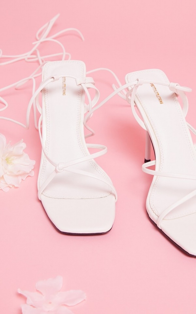 Pantofi Cu Toc Pretty Little Thing PU Square Bombeu Barely There Ankle Dantela Up High Albi | IJRX24817