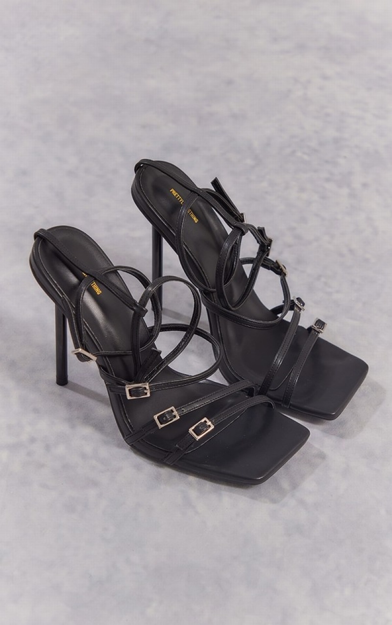 Pantofi Cu Toc Pretty Little Thing PU Square Bombeu Triple Cu Catarama Curea High Negrii | YTWE34752