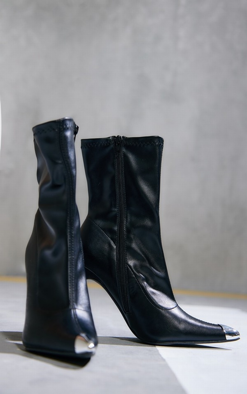 Pantofi Cu Toc Pretty Little Thing PU Stretch Ankle Metal Toeed Sock Negrii | EYDN69284