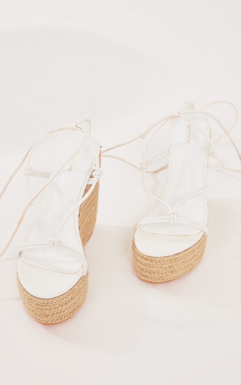 Pantofi Cu Toc Pretty Little Thing PU Twist Curea Dantela Up Highed Espadrile Wedges Albi | BFXY93768