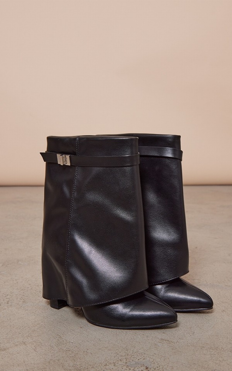 Pantofi Cu Toc Pretty Little Thing Pu Point Bombeu Fold Over Largi Fit Block Negrii | IEVA91845