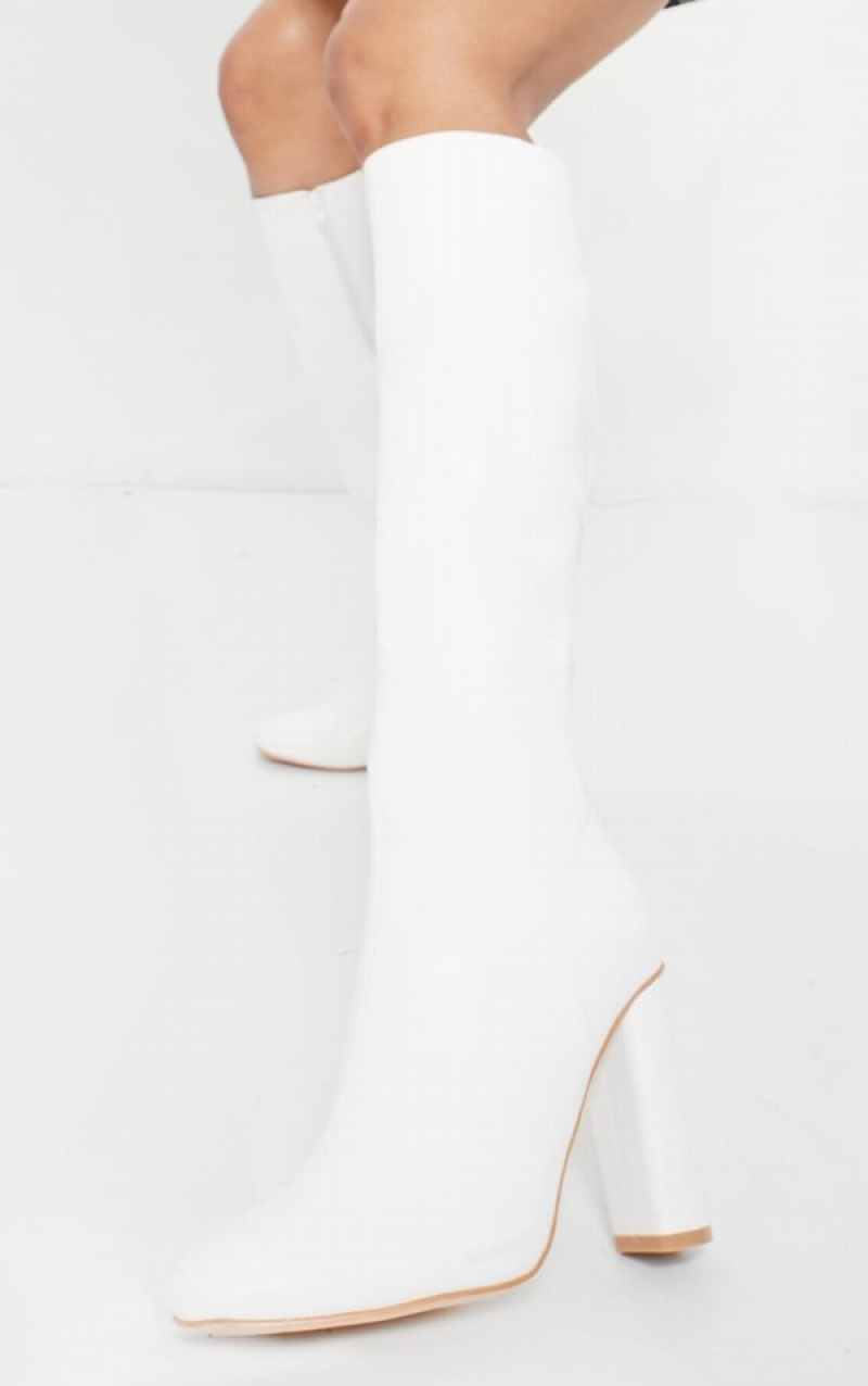 Pantofi Cu Toc Pretty Little Thing Round Block Knee High Albi | XAJS61245