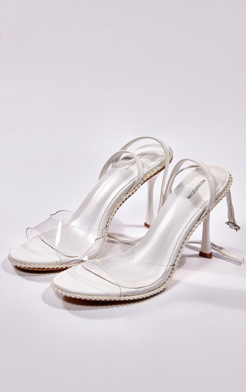 Pantofi Cu Toc Pretty Little Thing Round Pearl Edging Clear Curea High Albi | QCSG68074