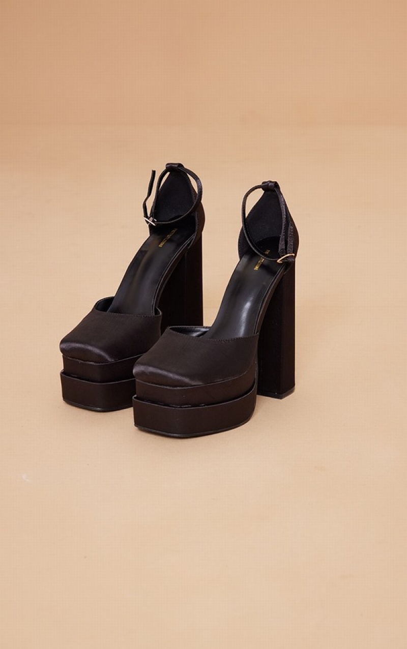 Pantofi Cu Toc Pretty Little Thing Satin Square Bombeu Double Platforma Negrii | RXWZ67524