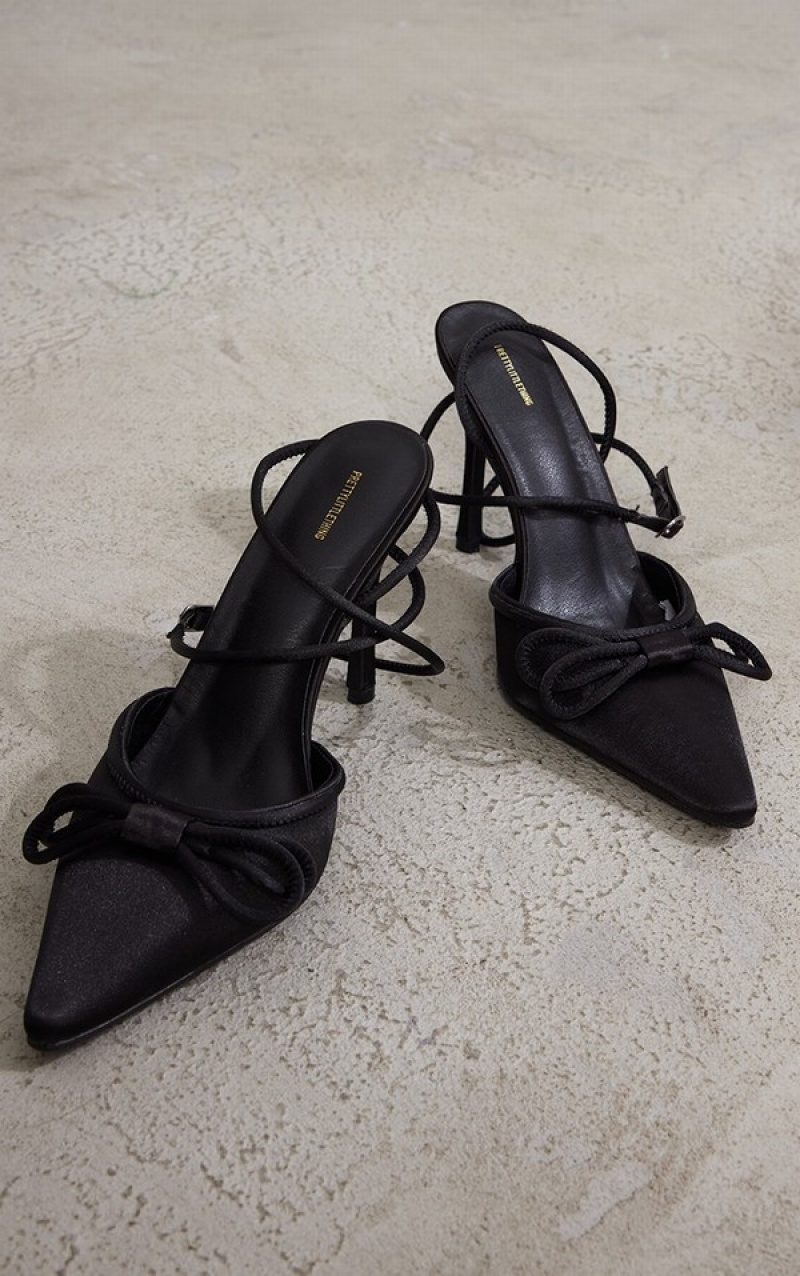 Pantofi Cu Toc Pretty Little Thing Satin Bow Detail Mided Courts Negrii | NEVT18540