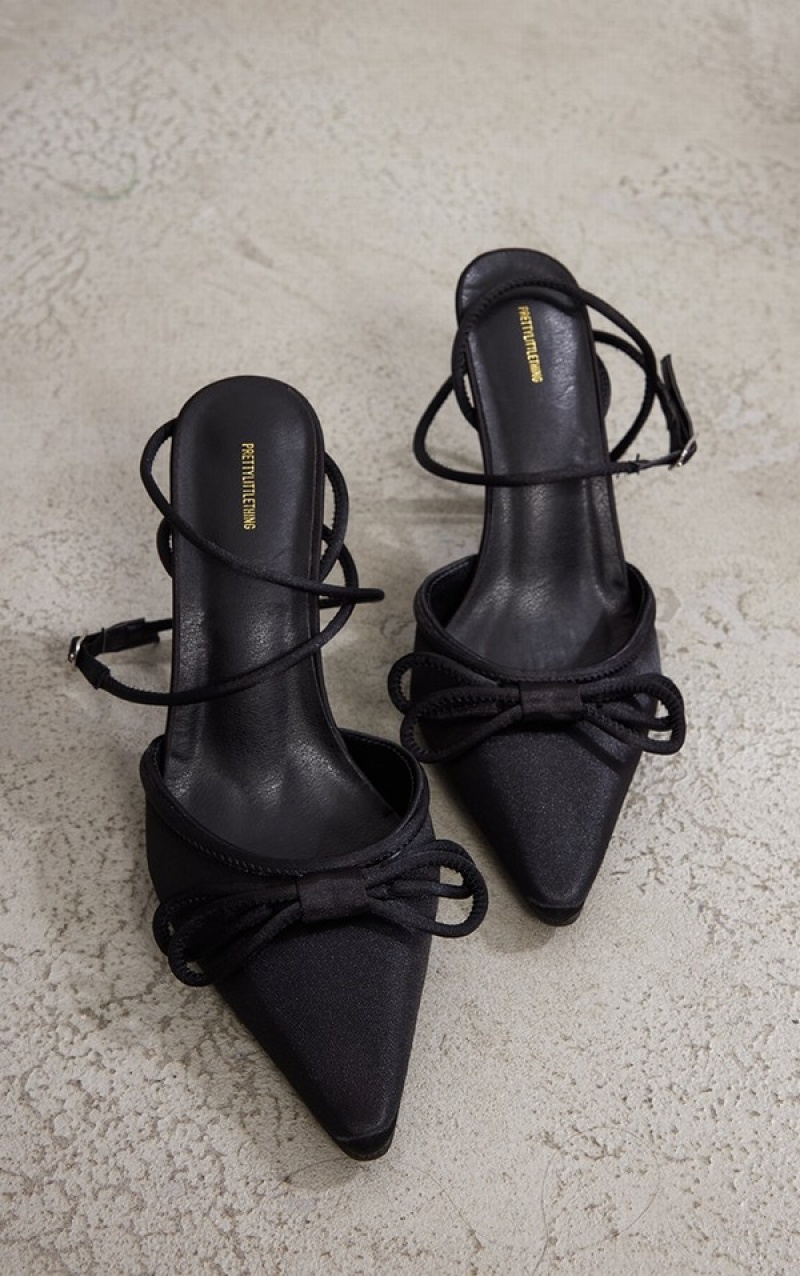 Pantofi Cu Toc Pretty Little Thing Satin Bow Detail Mided Courts Negrii | NEVT18540