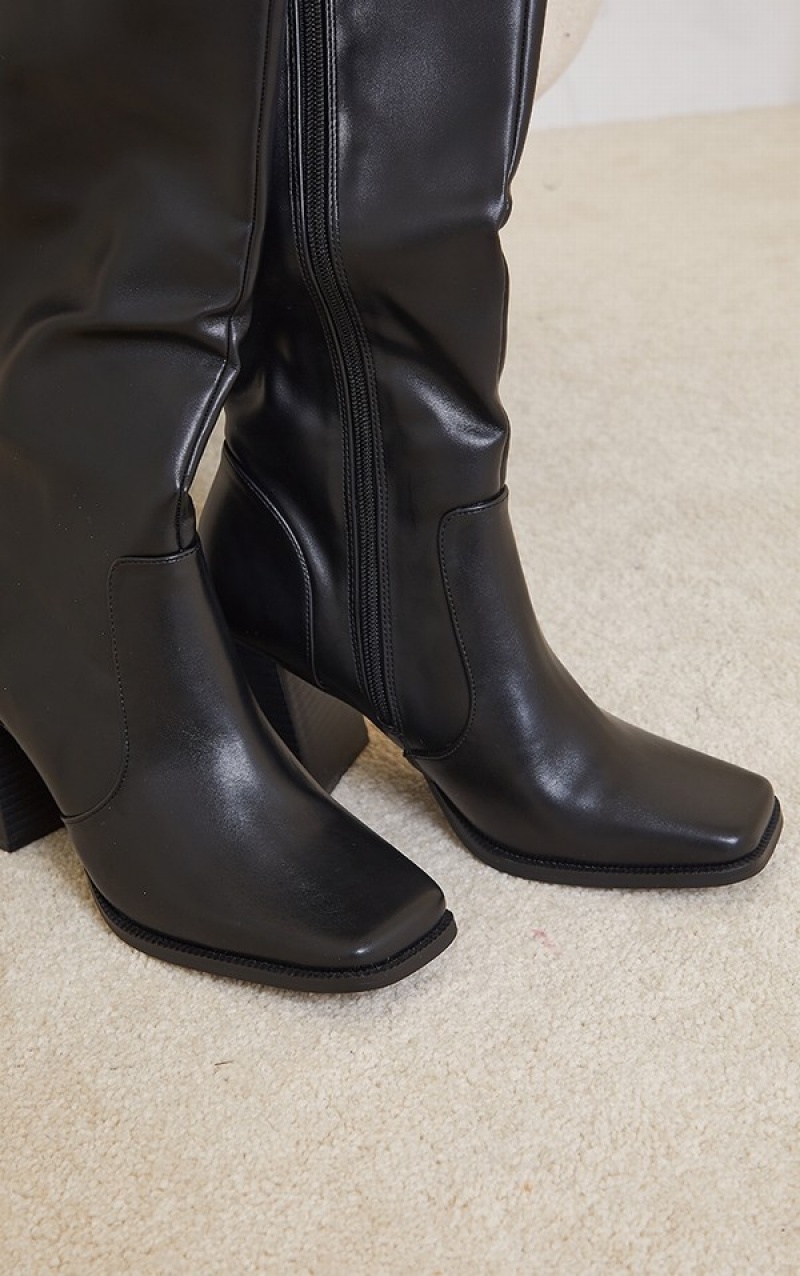 Pantofi Cu Toc Pretty Little Thing Square Bombeu Flare Block Knee High Negrii | EUKM73590