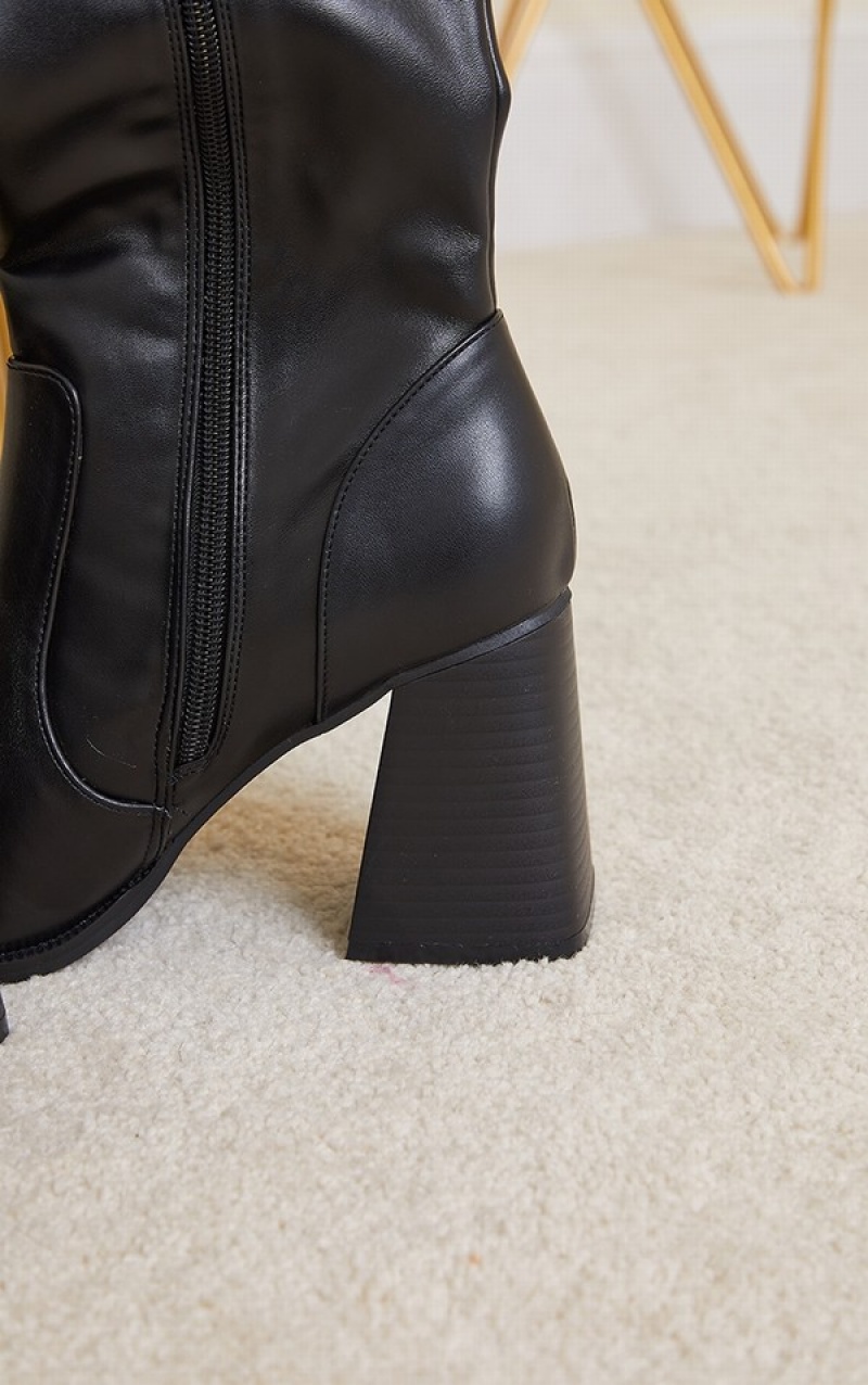 Pantofi Cu Toc Pretty Little Thing Square Bombeu Flare Block Knee High Negrii | EUKM73590