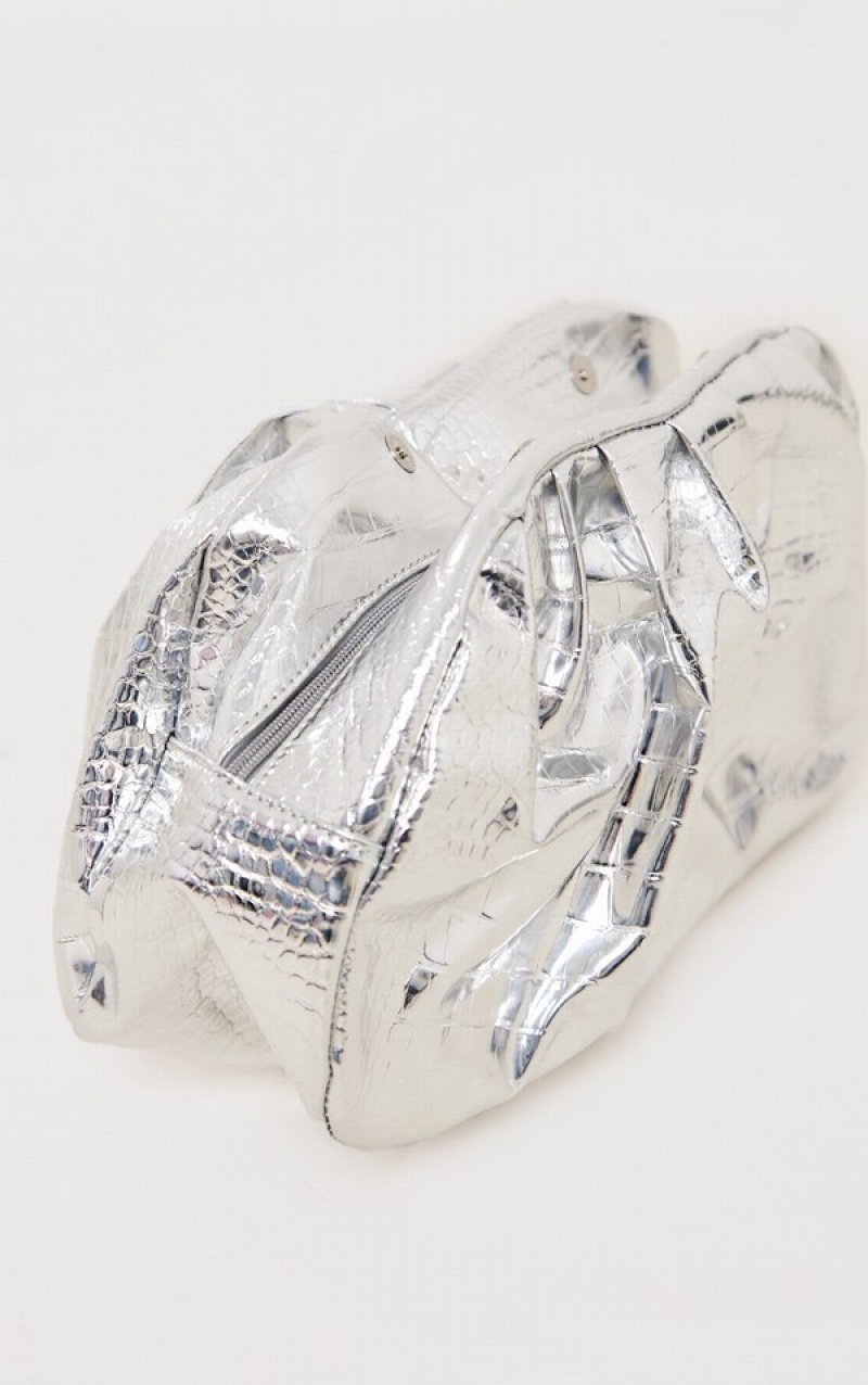 Poșete Pretty Little Thing Metallic Slouchy Argintii | QFWJ30162