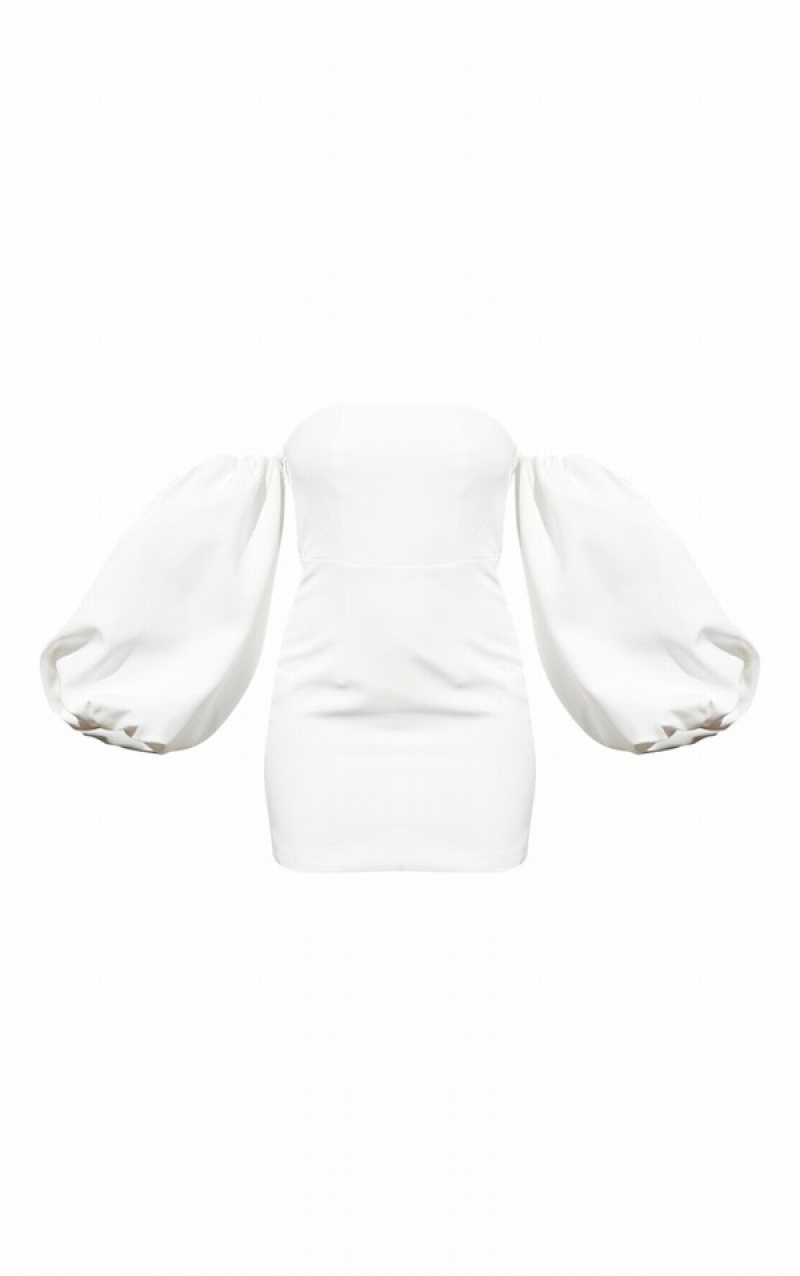 Rochie Pretty Little Thing BRIDAL Long Puff Sleeve Bardot Bodycon Albi | KGFM01673