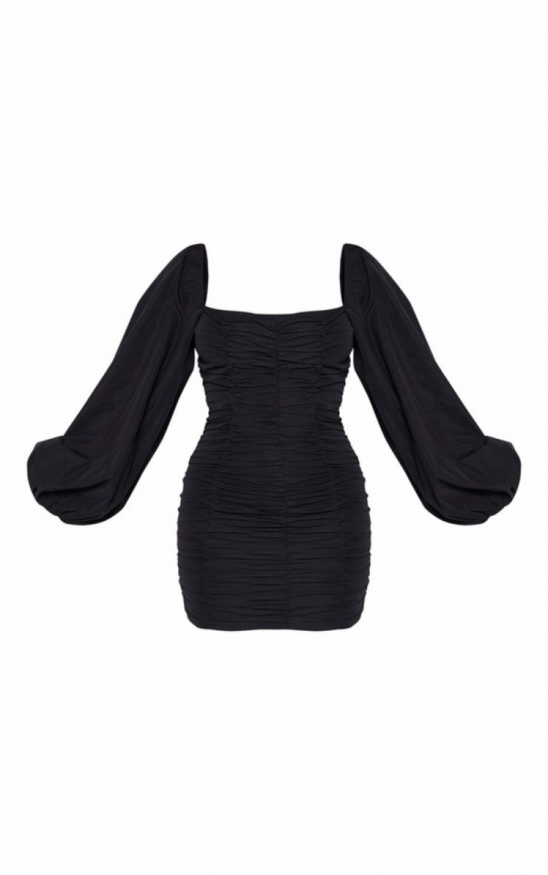 Rochie Pretty Little Thing Balloon Sleeve Ruched Bodycon Negrii | KMAB87504