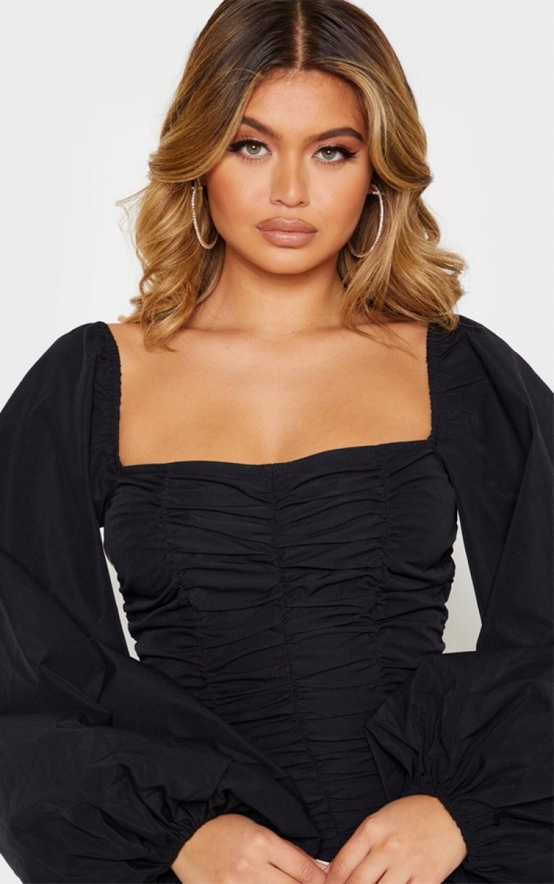 Rochie Pretty Little Thing Balloon Sleeve Ruched Bodycon Negrii | KMAB87504