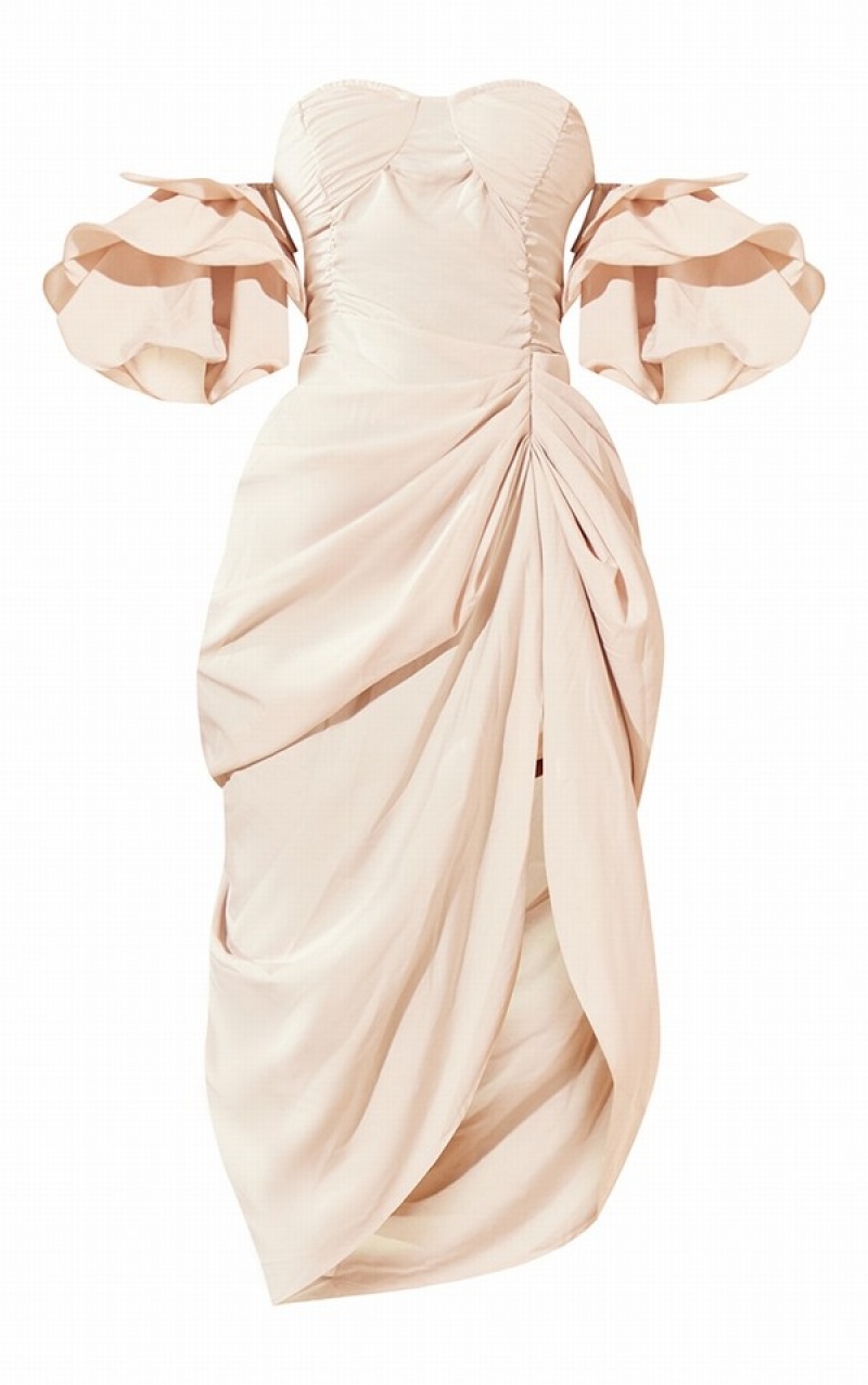 Rochie Pretty Little Thing Bardot Frill Sleeve Draped Albi | JEOH45078