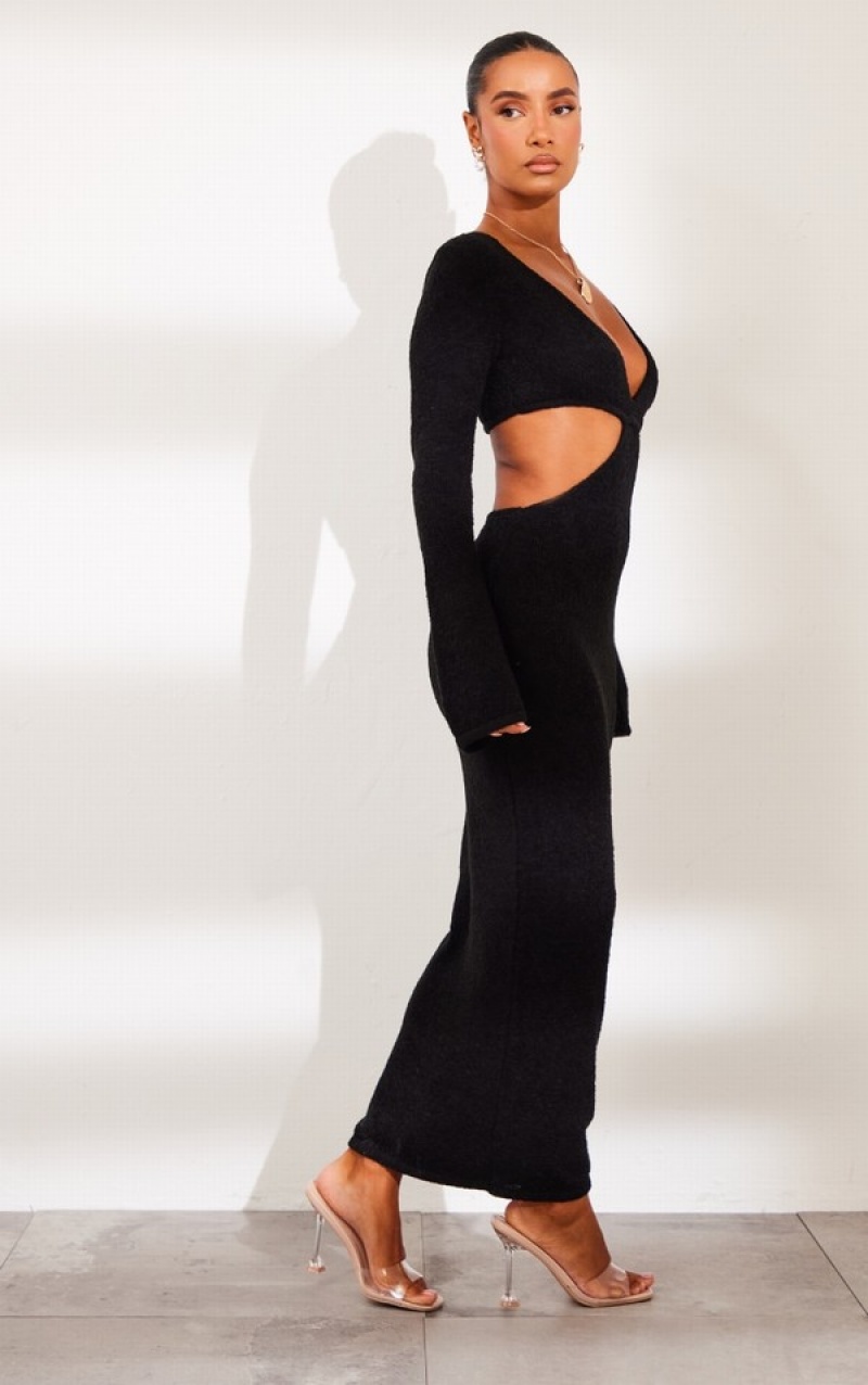 Rochie Pretty Little Thing Bobble Knit Long Sleeve Cut Out Maxi Negrii | DCWS25347
