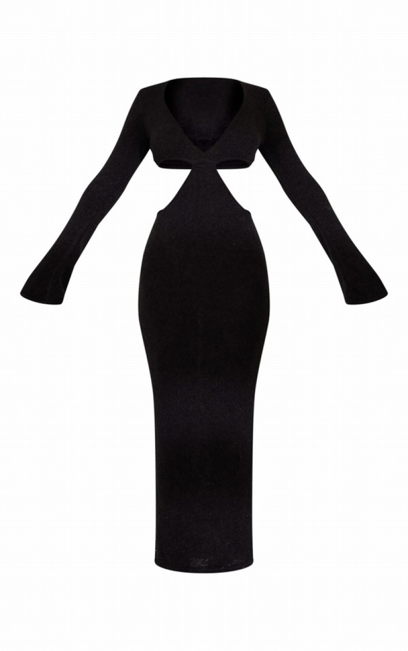 Rochie Pretty Little Thing Bobble Knit Long Sleeve Cut Out Maxi Negrii | DCWS25347