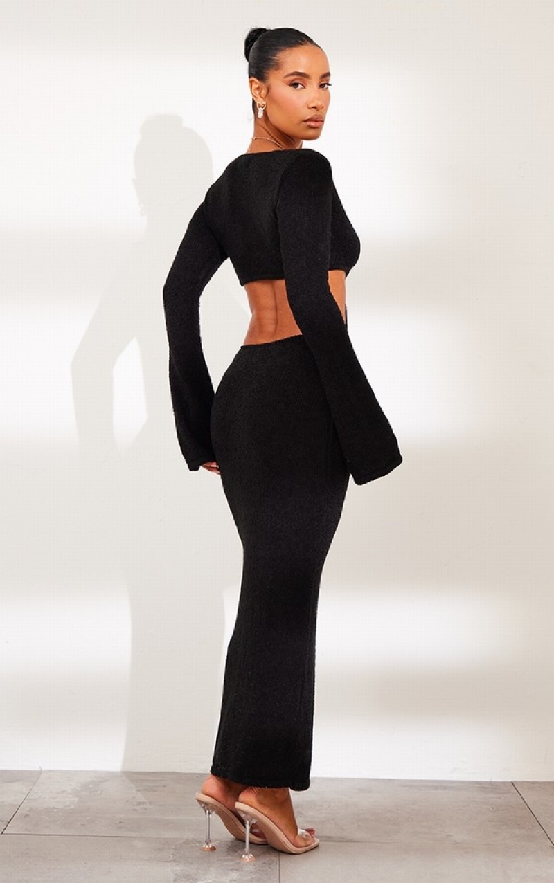 Rochie Pretty Little Thing Bobble Knit Long Sleeve Cut Out Maxi Negrii | DCWS25347