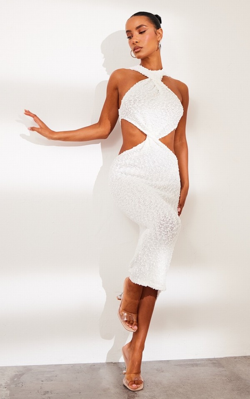 Rochie Pretty Little Thing Bobble Tricotate Twist Front Maxi Albi | CGVB72894