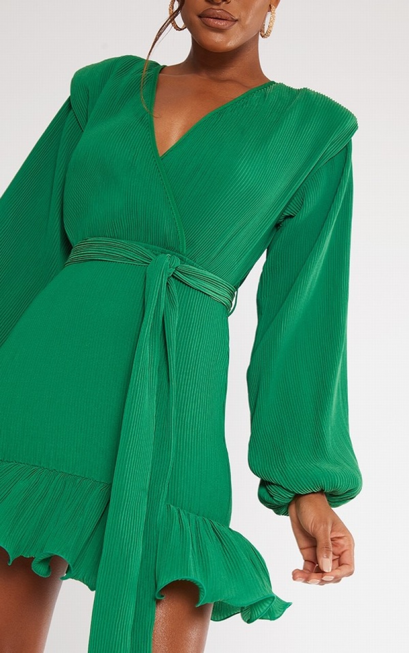 Rochie Pretty Little Thing Bright Plisse Shoulder Pad Wrap Bodycon Verzi Deschis | UXCE09485